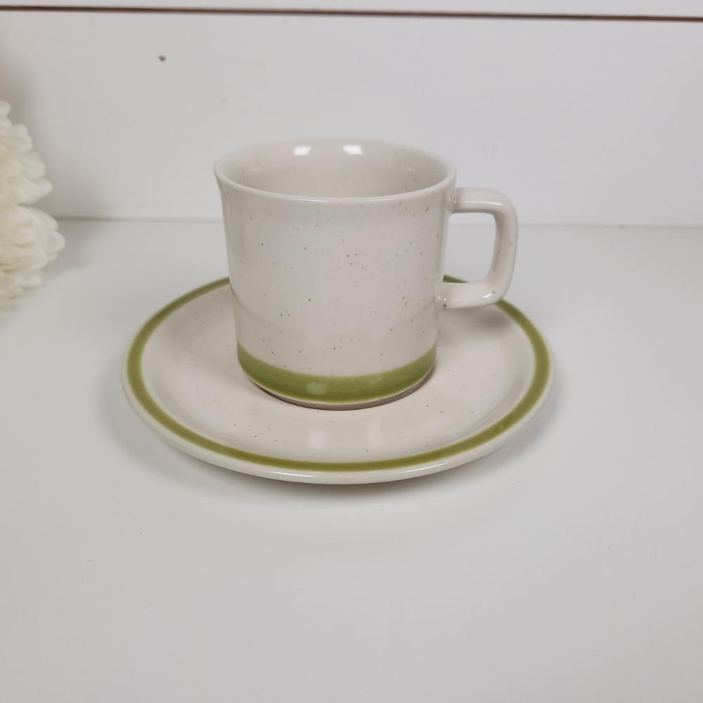 Vintage 70s Stonybrook Speckled Stoneware Green Band Coffee Mug & Saucer Japan